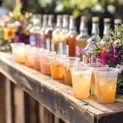 Row of garnished cocktails on a wooden bar