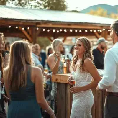 Guests at an outdoor bar under string lights